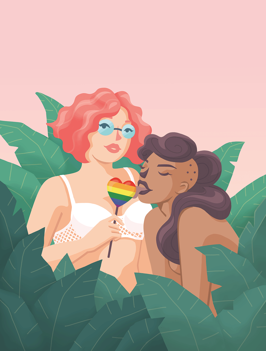 Flat Illustration von zwei leichtbekleideten Frauen, die an einem LGBTQ-Lolli lecken.