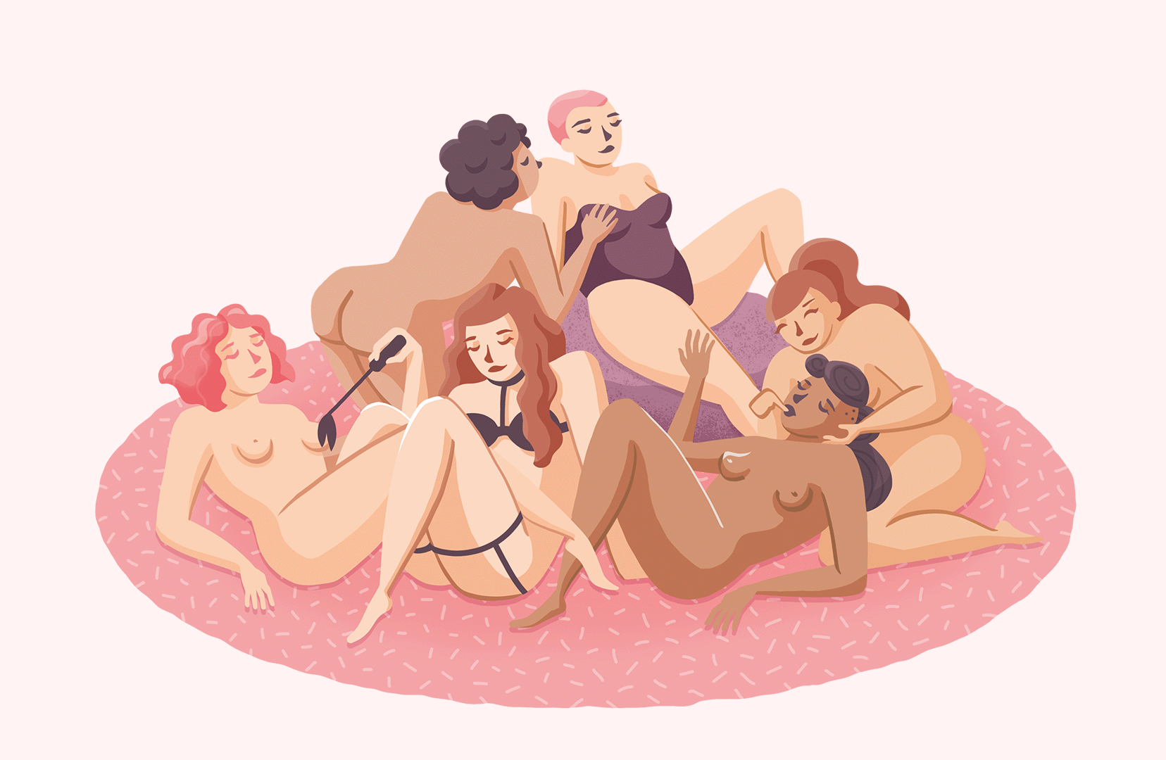 Illustration von diversen Frauen, die Gruppensex haben.