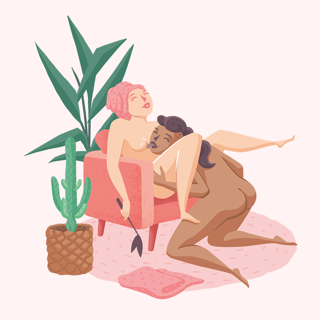 Rosafarbene Illustration von einem lesbischem Pärchen beim Sex.