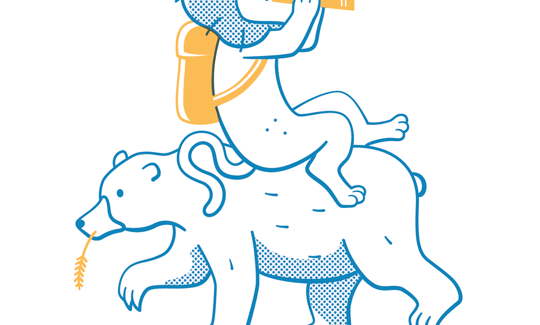 Der Löwe reitet mit Rucksack und Fernrohr auf einem Bär und schaut in die Ferne.