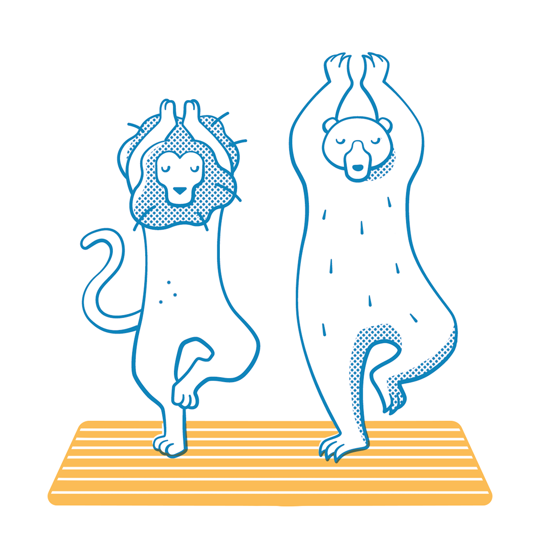 Tierillustration von einem Bären und einem Löwen, die gemeinsam Yoga machen.
