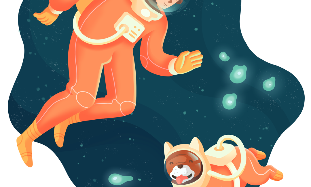 Eine Bulldogge und eine Frau in Astronautenanzügen im Weltall