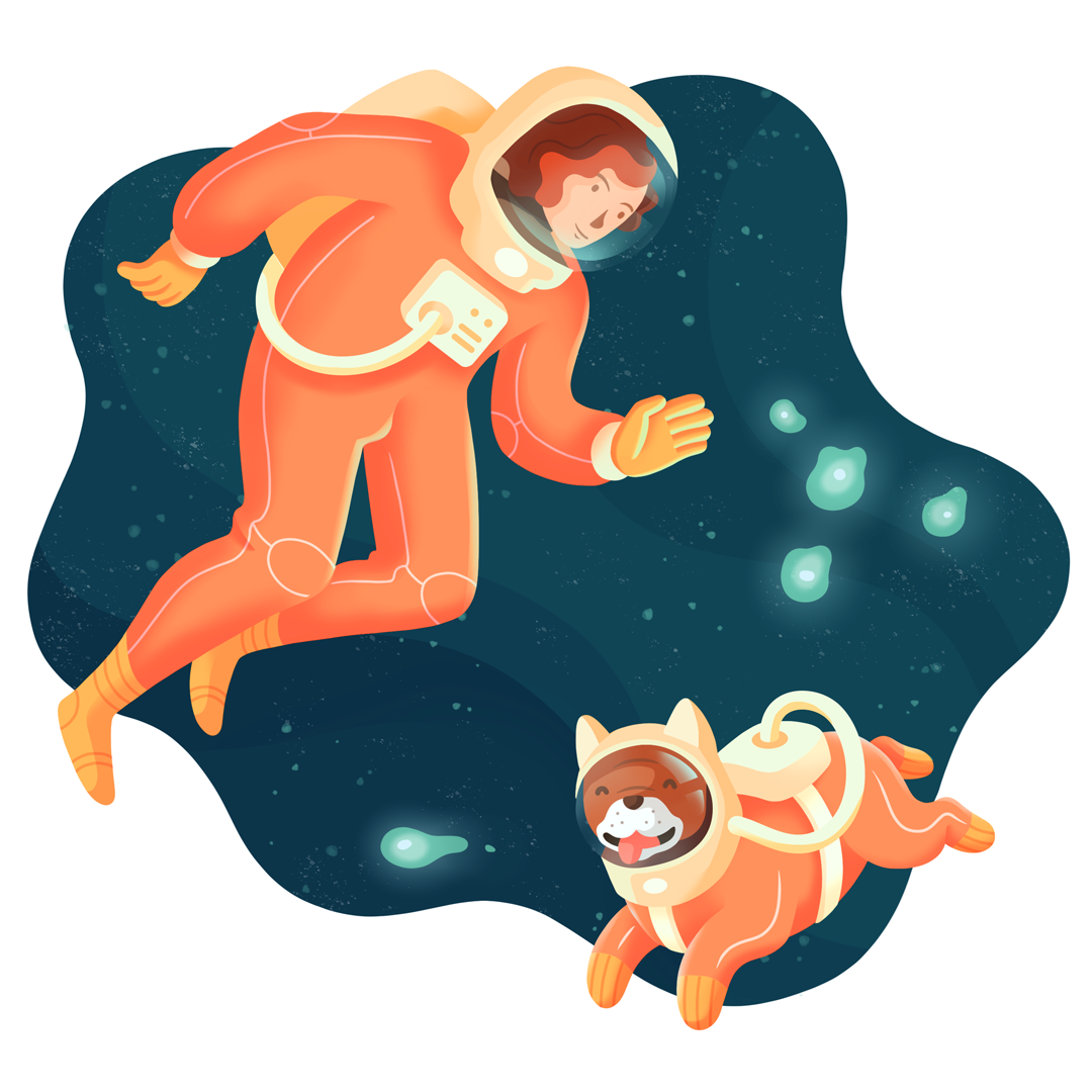 Eine Bulldogge und eine Frau in Astronautenanzügen im Weltall